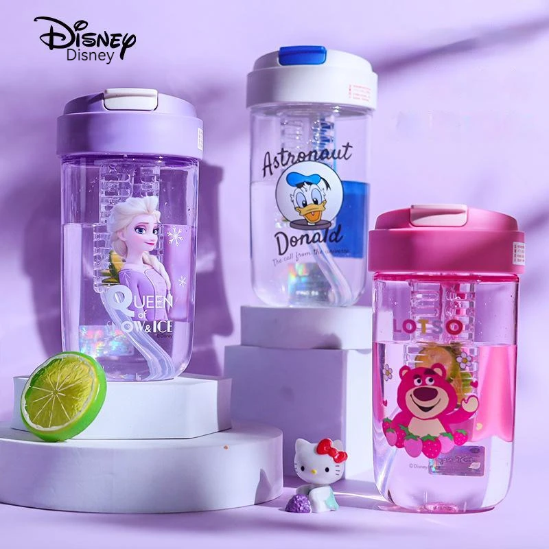 Disney Frozen Strawberry Bear Mickey Donald Duck Summer Fashion Portable Fruit Cup Sports Kettle Fall-proof Plastic Cup Cute Lar