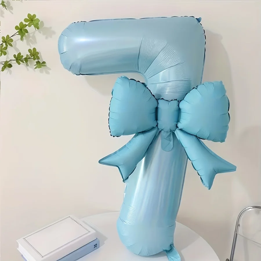 2 Stück/Set Blaue Zahlen- & Schleifen-Folienballons mit Klebepunkten, Valentinstag Geburtstag Hochzeit Verlobung Jubiläum Feiertagsparty Dekoration – Detail 3