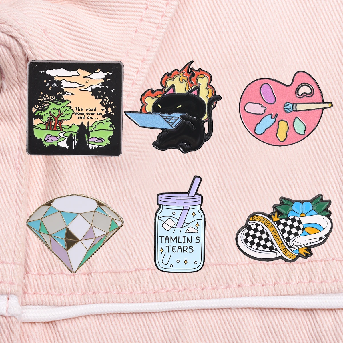 Cute Cartoon Character Metal Brooch Funny Black Cat with Sword Art Palette Geometric Diamond Enamel Pin Jewelry for Jacket Bag