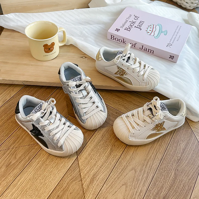 Kids'Casual Shoes Breathable Star PU Leather Fashion Autumn Sports Shoes For Children Anti-slip Silver White Shoes Size 26-37