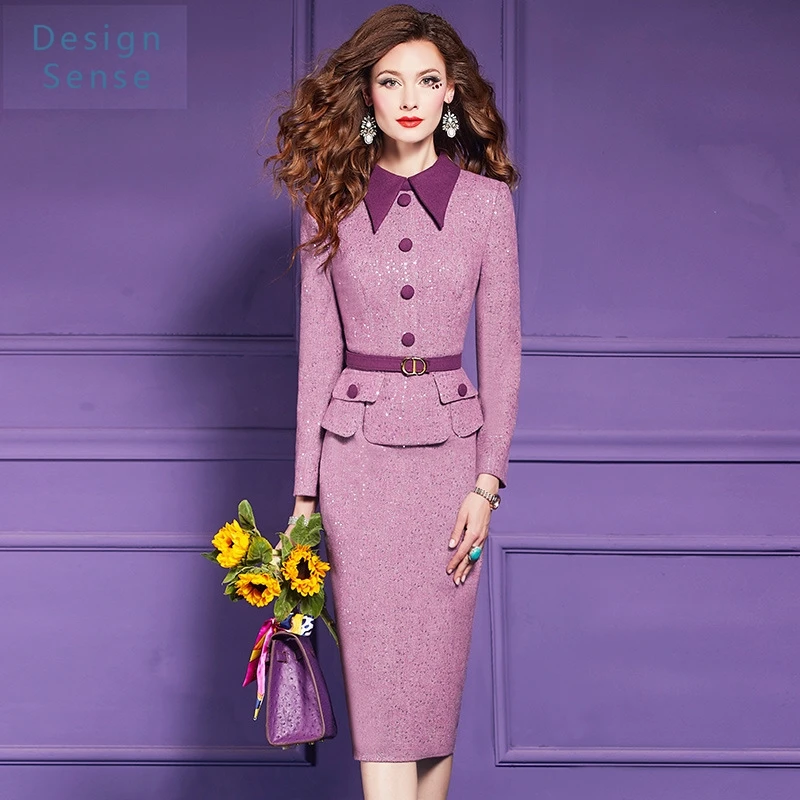 고품질 여성 통근 착용 모직 드레스 긴 소매 겨울 하이 엔드 패션 위엄있는 기질 셔츠 힙 스커트