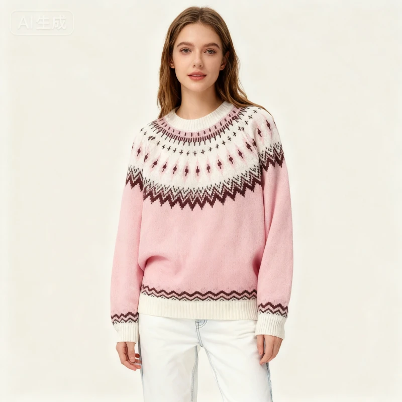 

Women's New Arrival Christmas Festive Fair Isle Knitted Sweater Pink Crew Neck Loose Fit Casual Pullover Fashion Top