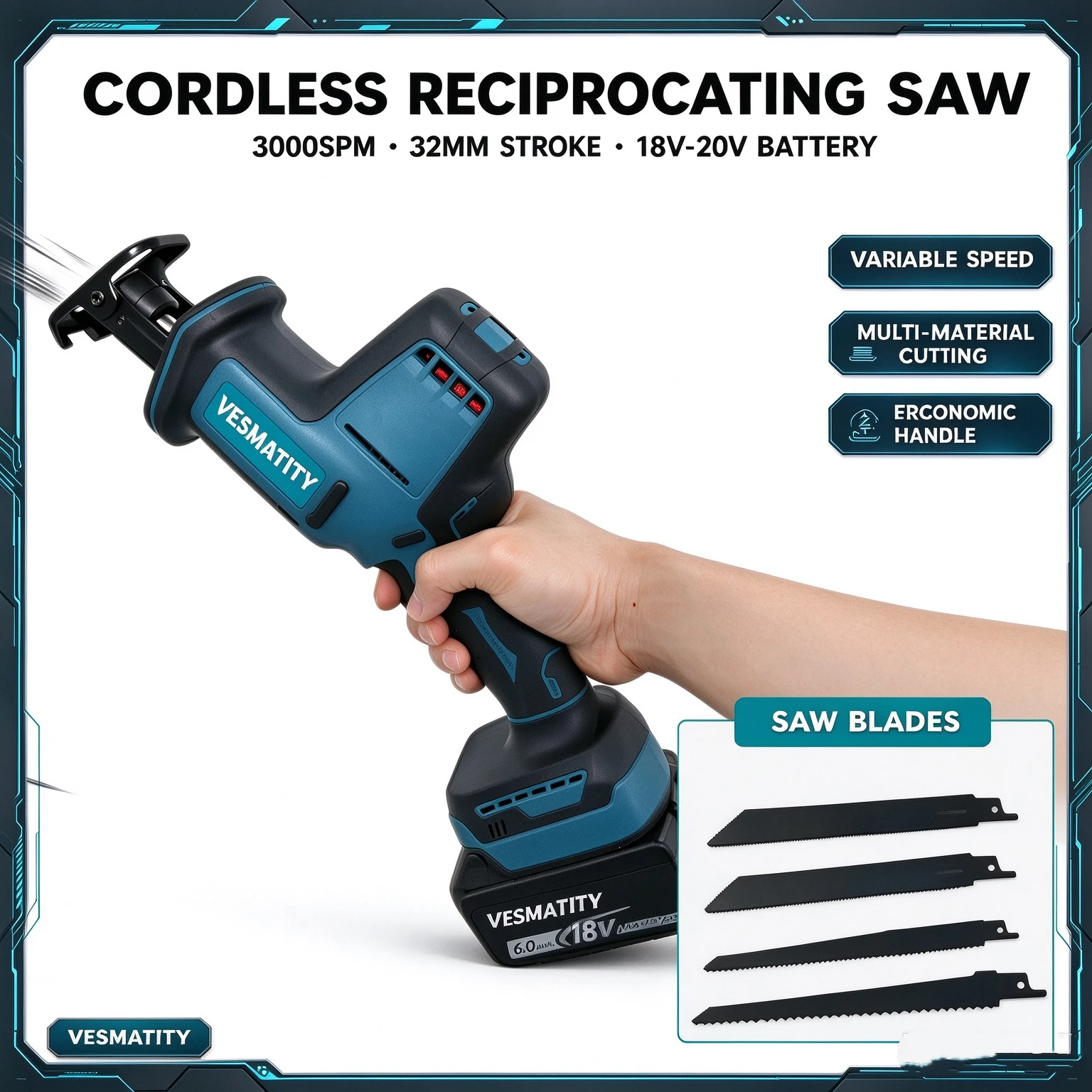 Cordless Reciprocating Saw, Variable Speed 3000SPM 32mm Stroke, Wood Metal Cutting Saber Saw Power Tool Fit  20V Lithium Battery