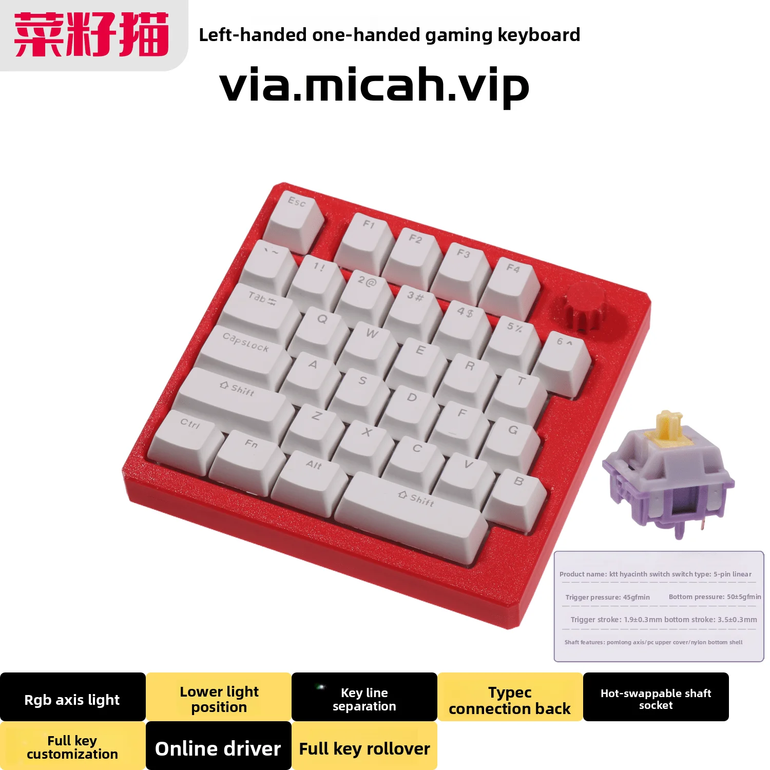 Custom Rapeseed Cat Theme NKRO Wired Single Mode One-Handed Gaming Mechanical Keyboard Remappable Gift