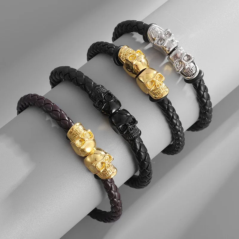 Pulsera de cuero con cierre magnético para hombre, brazalete clásico de cuero fino negro con Calavera, regalo