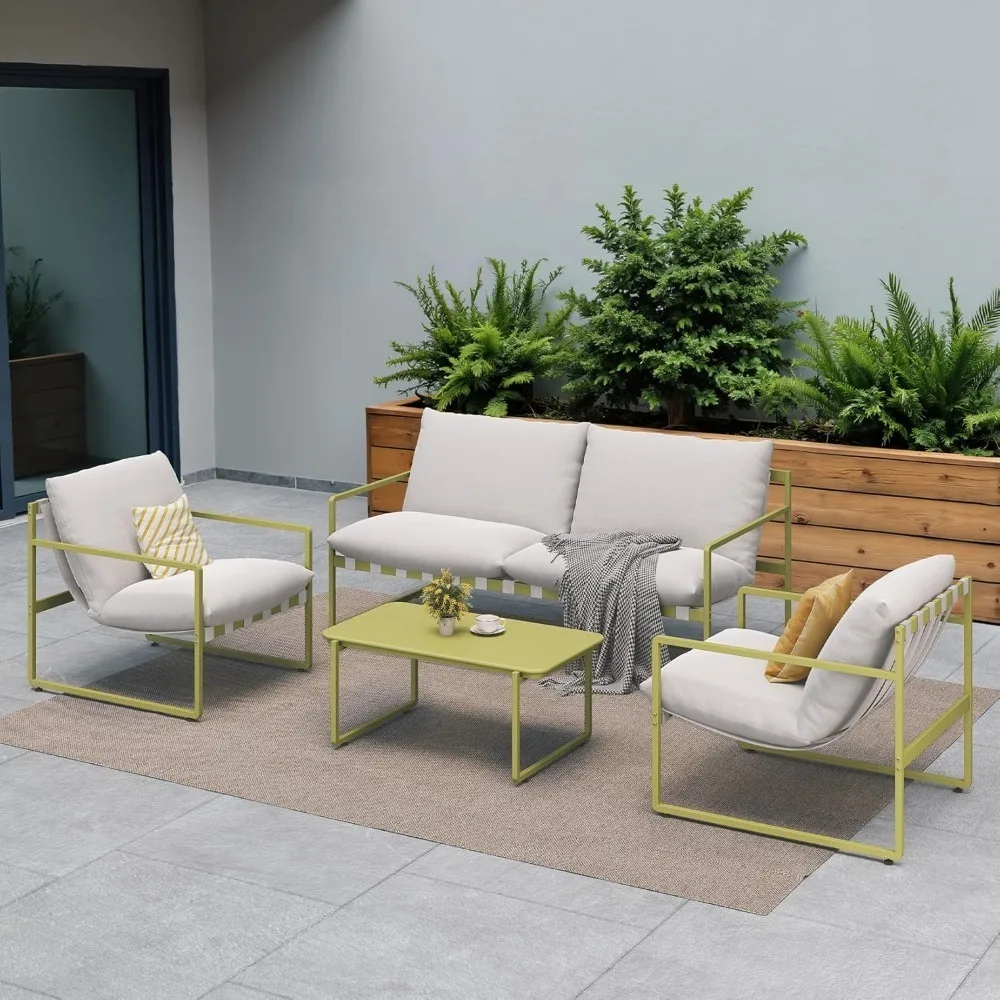 4-Piece Outdoor Furniture Set, Modern Patio Furniture with Soft Cushions, Small Metal Sofa Couch with Coffee Table,, Custom