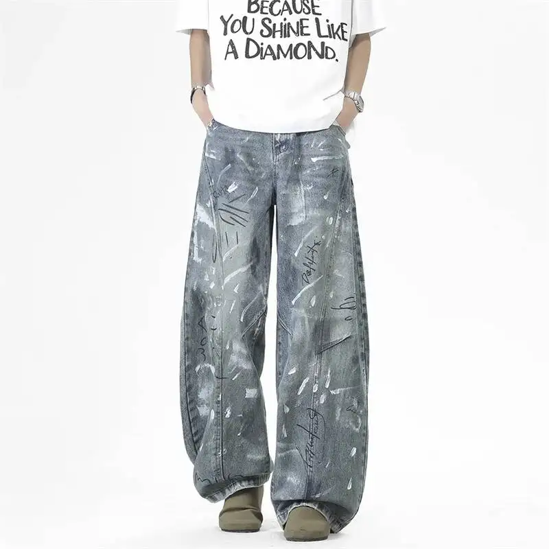 Men's Washed Streetwear Jeans Light Blue Letter Graffiti Print Loose Wide Leg Casual Streetwear Denim Long Pants KGK1