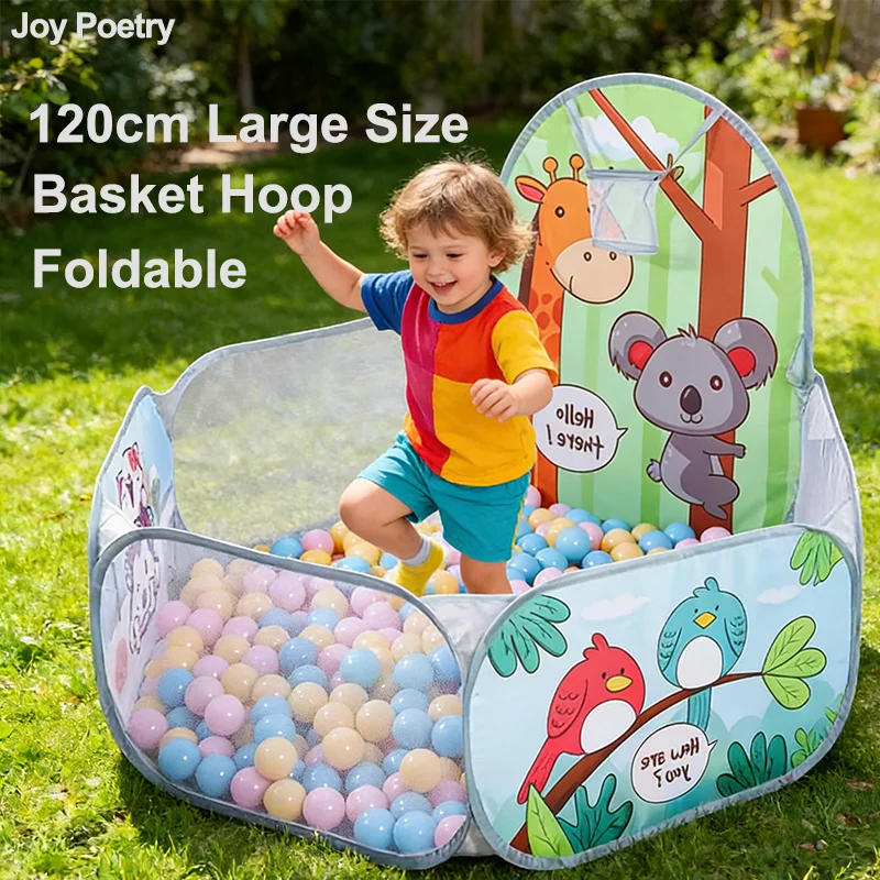 Piscina de pelotas de dibujos animados para niños, 120cm, con aro de baloncesto, parque infantil plegable portátil, tienda de juegos, juguete educativo deportivo para bebés