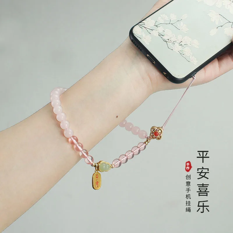 

DIY accessories Chinese style glazed pink mobile phone lanyard literary and simple mobile phone chain pendant short wrist anti-l