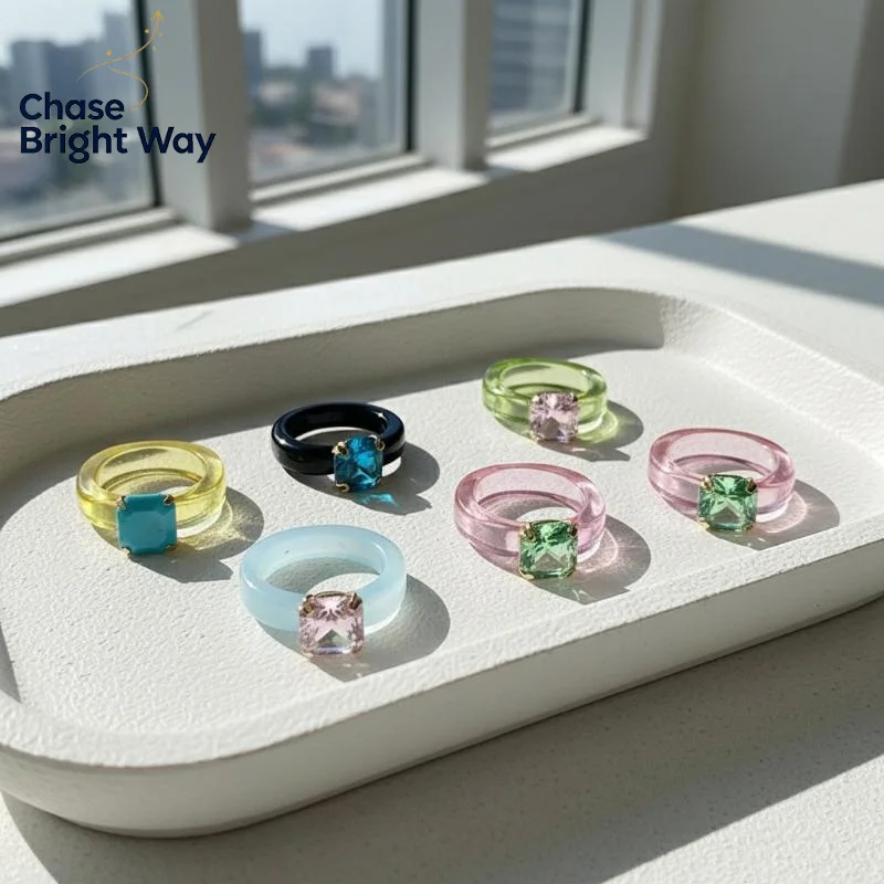 Inlaid Colorful Zircon Resin Ring for Women Simple Fashion Jewelry Sweet Gift Idea for Birthday Party