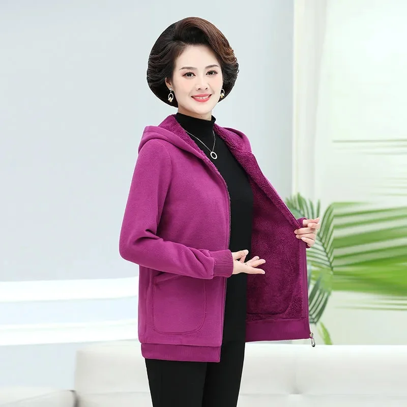 

Autumn Winter Jacket Women's Large Size Hooded Polar Fleece Coat New Middle-Aged Elderly Long High Quality Sportshirt Ladies Top