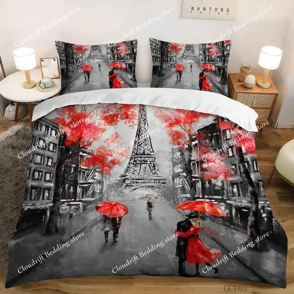 Eiffel Tower Bedding Set Queen Size Couple Valentine's Day Comforter Cover Set For Women Romantic Paris Duvet Cover Room Decor