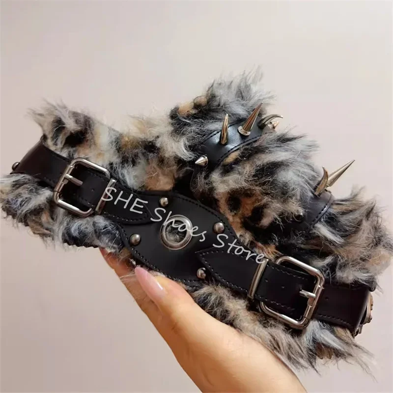 

Punk Rivet Belt Buckle Women Slippers Y2K Black Skull Spider Chunky Bottom Plush Sandals Ladies Party Dance Dress Pumps Shoes