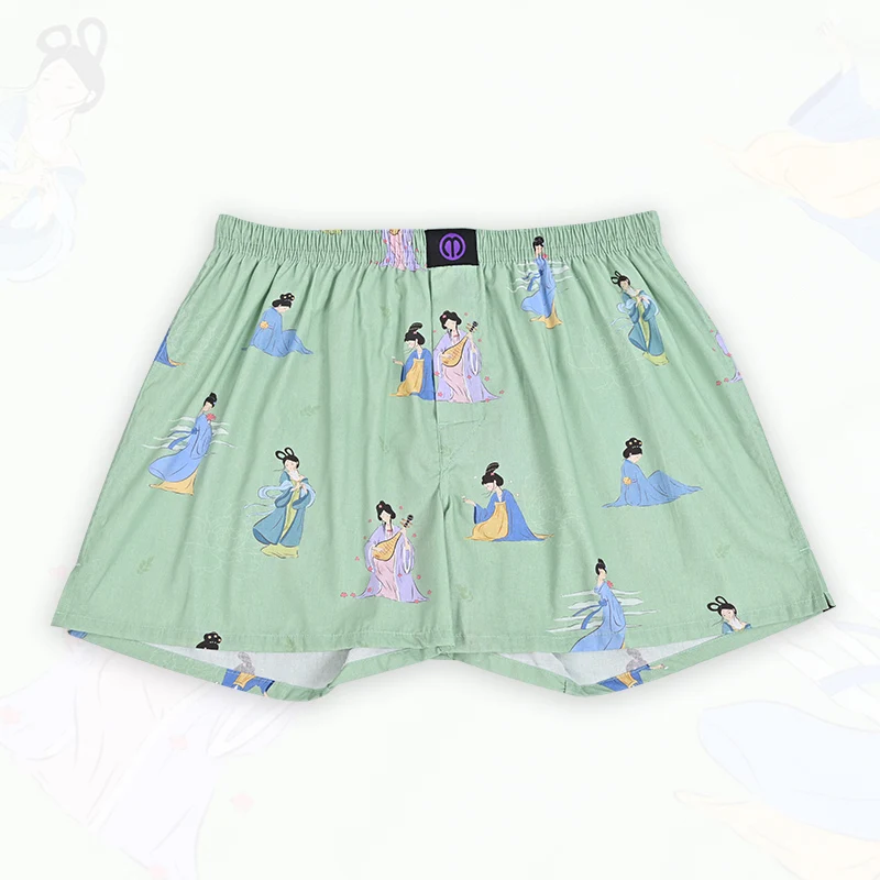 Mint Green Pattern Pure Cotton Shorts Underwear Pattern For Men Women Comfortable Nighttime Sleeping Breathable Panties