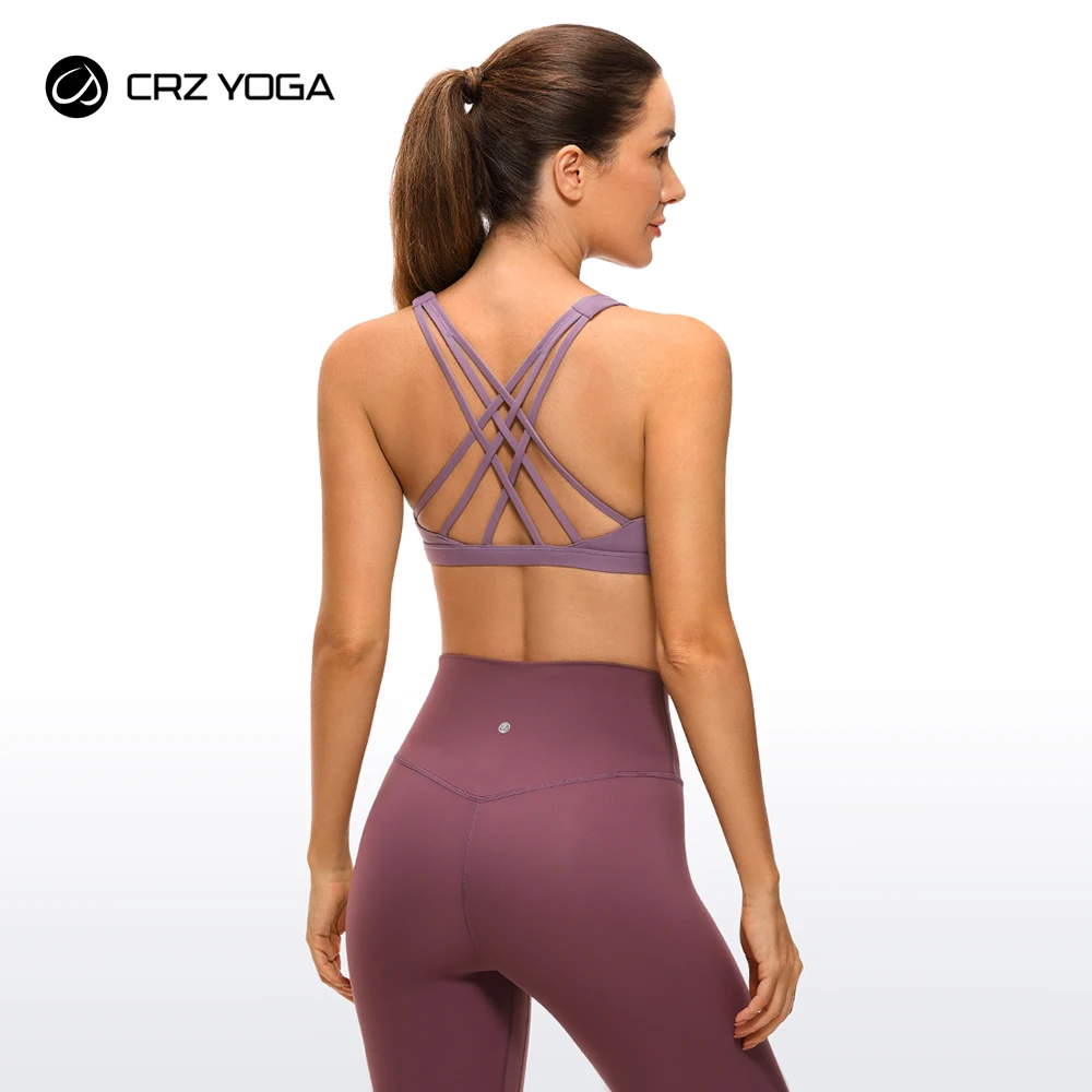 CRZ YOGA Strappy V Neck Sports Bra for Women - Padded Criss Cross Back Workout Yoga Bra