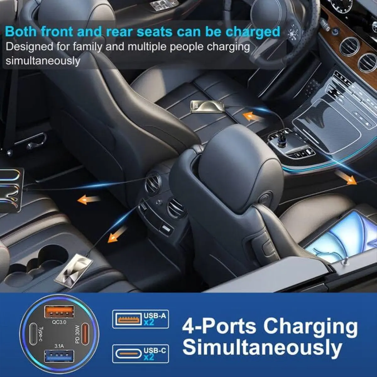 AU47-65W 4 Port USB C Car Charger Adapter, PD&QC3.0 Type C Car Charger Fast Charging for IPhone 16 15 ,Samsung,IPad,Pixel