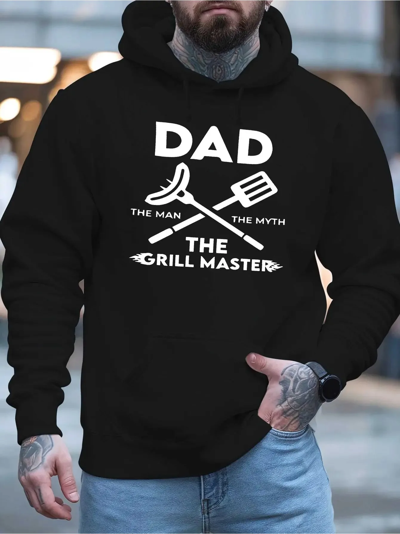 هوديي رئيسي للشواء للرجال، أدوات شواء مضحكة للأب مطبوعة هدية (ملقط/شوك/سكاكين)، بلوفر كاجوال لجميع المواسم