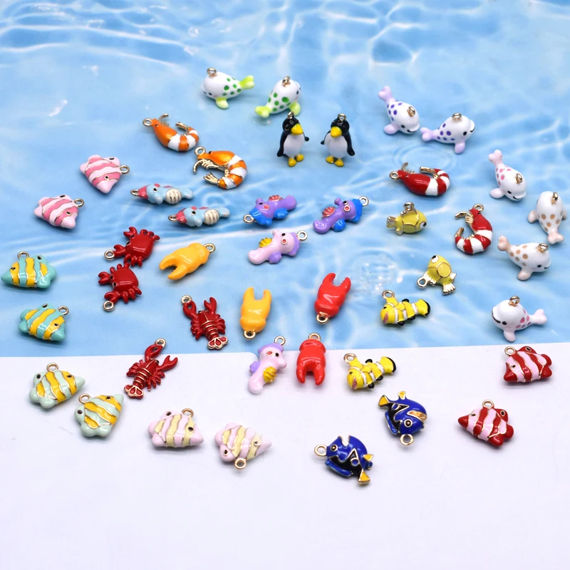 2/5pcs/bag Drip Oil Alloy Marine Animals Small Fish Shrimp Crab Dolphin Charms Pendant For Jewelry Making DIY Necklace Earring