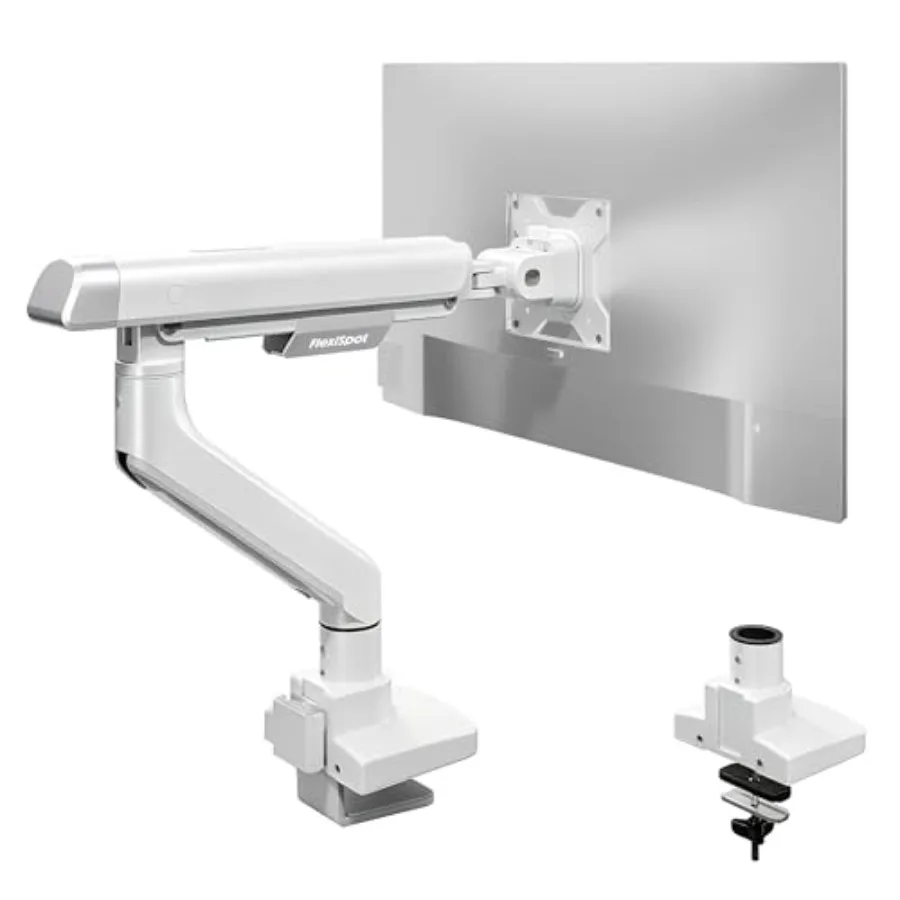 Single Monitor Arm for office desk use, premium aluminum construction, black finish, fully adjustable with C-clamp grommet base