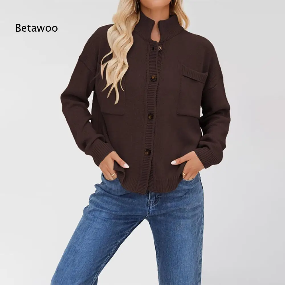 Stand Collar Button Front Knit Sweater Cardigan Long Sleeve Two Patch Pockets Drop Shoulder Oversized Outwear Top