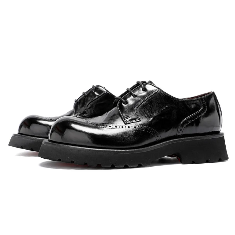 Men Genuine Calf Leather Black Thick Sole Height Increasing British Brogue Dress Casual Shoes Premium Big Head Derby Shoes for