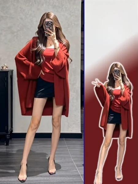 

plus Size Lazy Sle Long Sve Knitted Cardigan Sweater Set Spring Faion Matching Tube Top Two Piece Set Warm Casual Wear