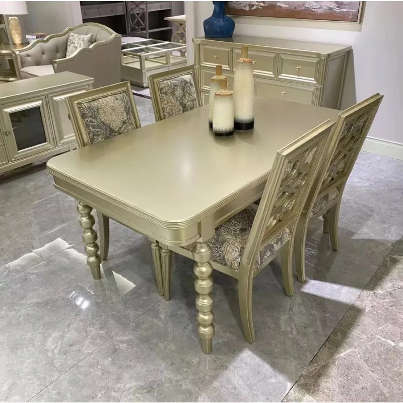 American light luxury rectangular solid wood dining table and chair combination, champagne dining table and chair size