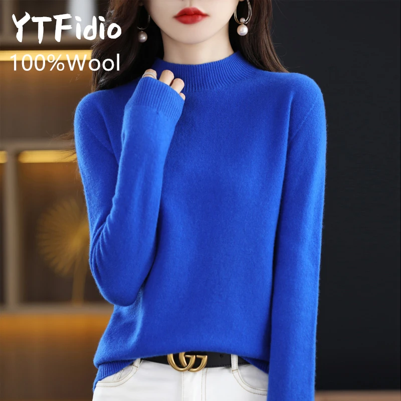 YTFidio 100% Wool Women Half High Collar Solid Slim Tops Outerwears Knitted Pullover Office Lady Solid Elastic Pullover 88