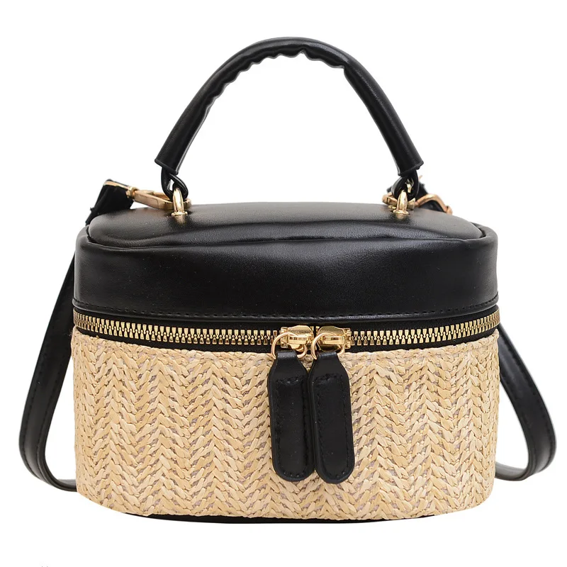 New Straw Bucket Bag Beach Bag2024New Portable Texture Makeup Box Bag Mori Styleins Women's Bag