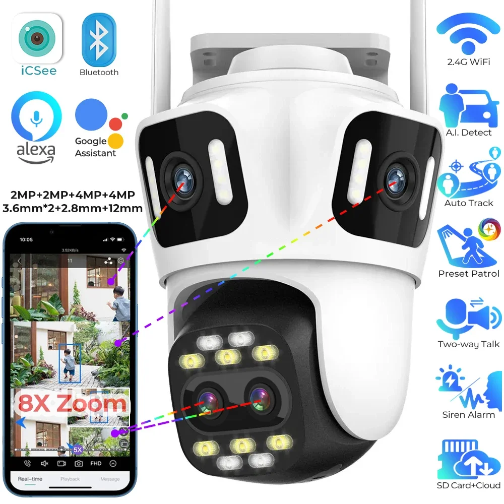 4 Lens 4 Screen Wifi PTZ Camera Outdoor 8X Hybrid Zoom Security IP Cameras (2MP*2+4MP*2) Human Auto Tracking Surveillance Camera