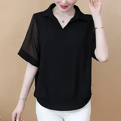 Women's Chiffon Pullover Button Short Sleeve Solid Turn-down Collar Vacation T-shirt Casual Loose Elegant Fashion Summer Tops