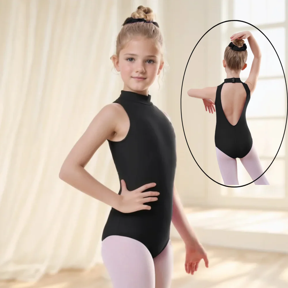Dziewczęce czarne body z golfem, nylonowe stroje kąpielowe, bez pleców, gimnastyczne, spandexowe kostiumy sceniczne dla dzieci do baletu i tańca.