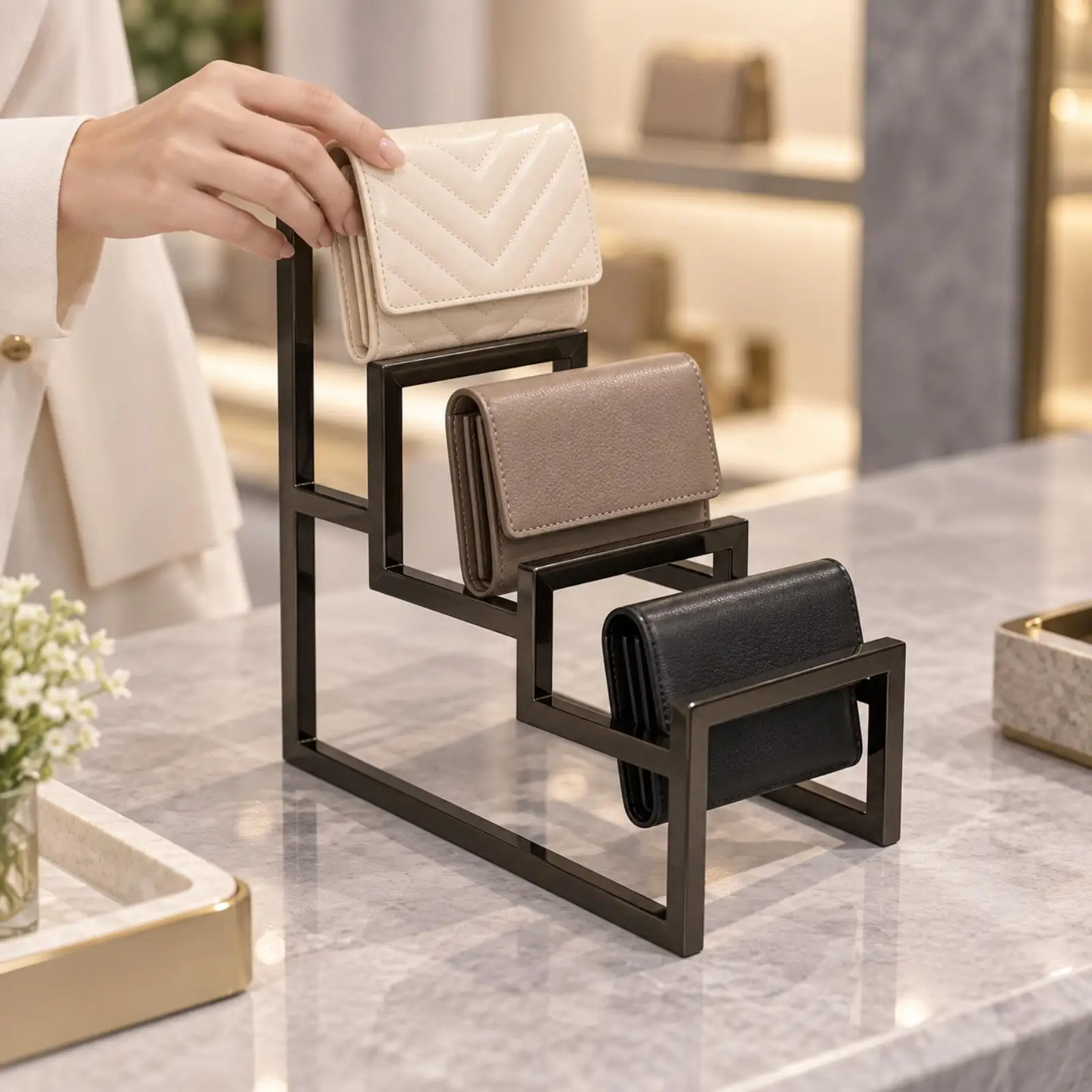 Metal Wallet Display Rack 3 Tier Counter Shelf for Handbag Showcase Stand Storage Display Holder