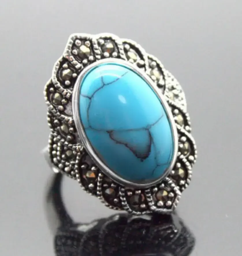 17X30mm Blue Turquoises Oval Gem 925 Sterling Silver Marcasite Ring Size 7/8/9/10