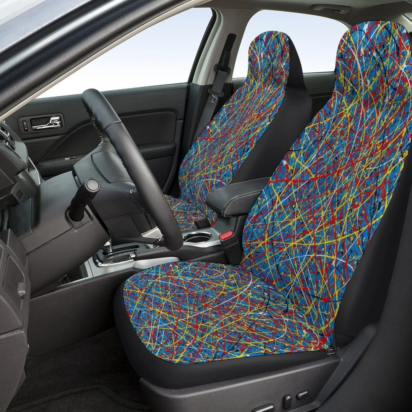 Colorful Abstract Lines Designed Car Seat Cover Set For Most Cars, Trendy High-quality Car Seat Protector Covers Full Set, Univ