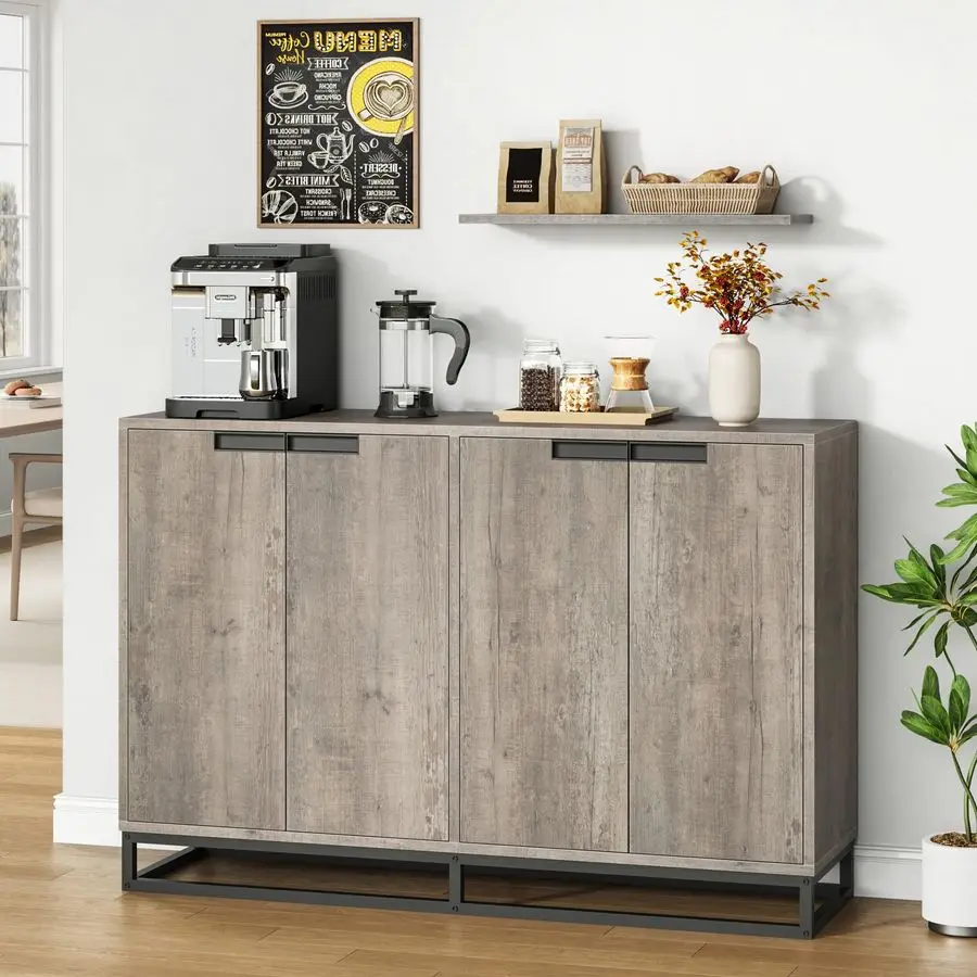 

Шкаф для хранения буфет 55 дюймов, сервант Modern Credenza с металлическим основанием, 4 дверцами и полками, акцентный журнальный барный столик для кухни