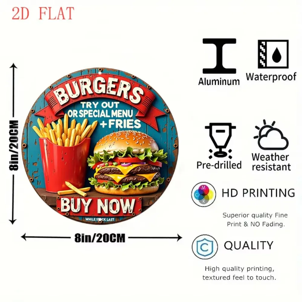 2D Flat Americana Red Teal Vintage Aluminum Sign, Burger Fries Menu Retro Diner Restaurant Wall Decor