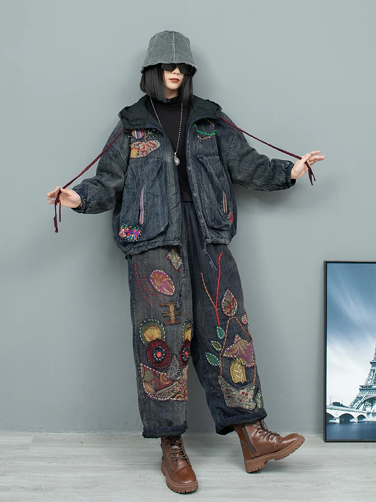 Hand Embroidered Old Cloth Splicing Cotton Hooded Coat + Long Pants Two Piece Set Women Winter Fashion Pant Set LX2735