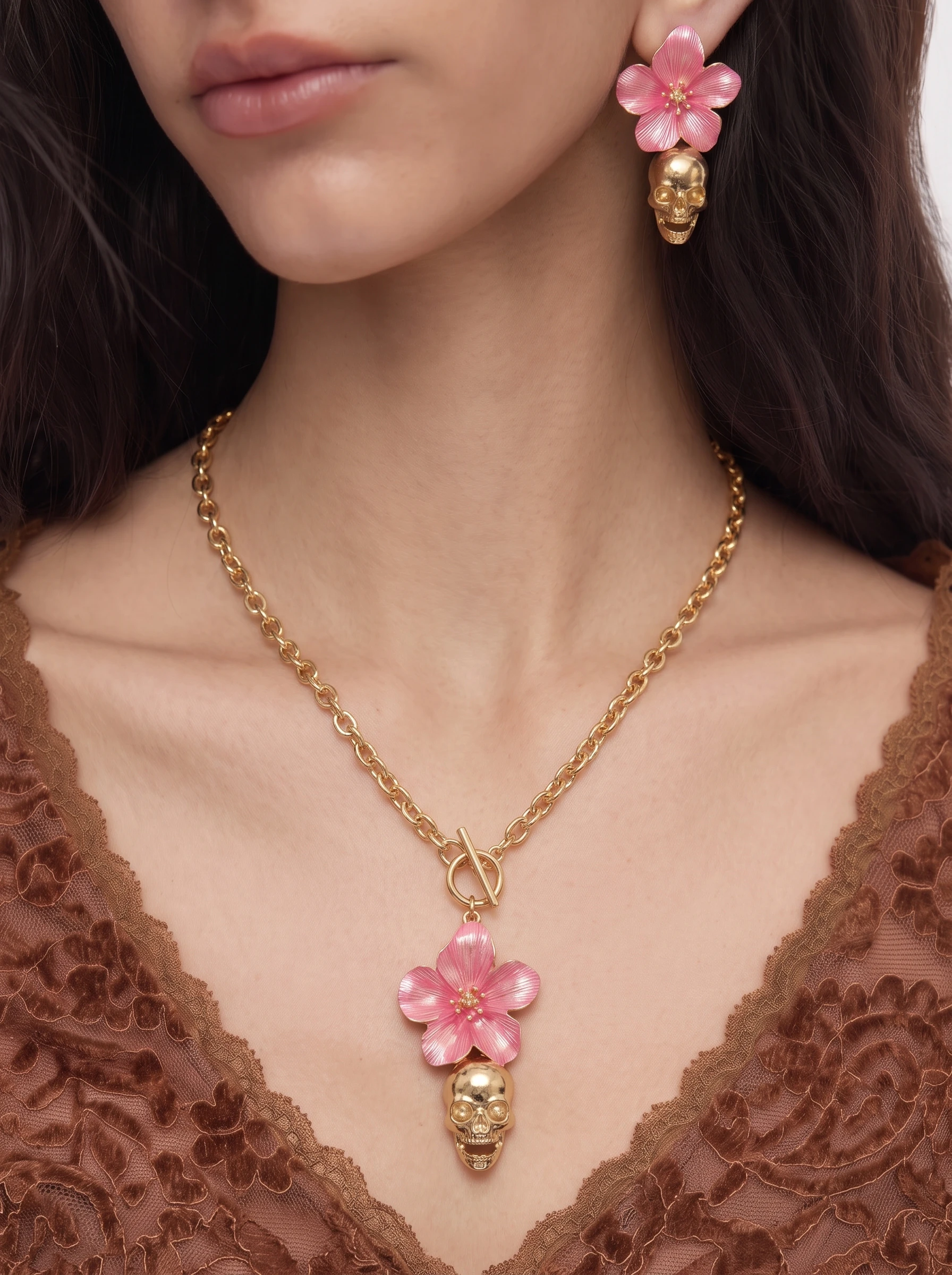 1 Set of Sexy Punk Gothic Style Pink Floral Skull Design Earrings and Necklace Jewelry Set, Featuring an Ot Clasp Chain Necklace and Pendant Earrings Combination, Aesthetic Party Accessories, Designed Specifically for Women