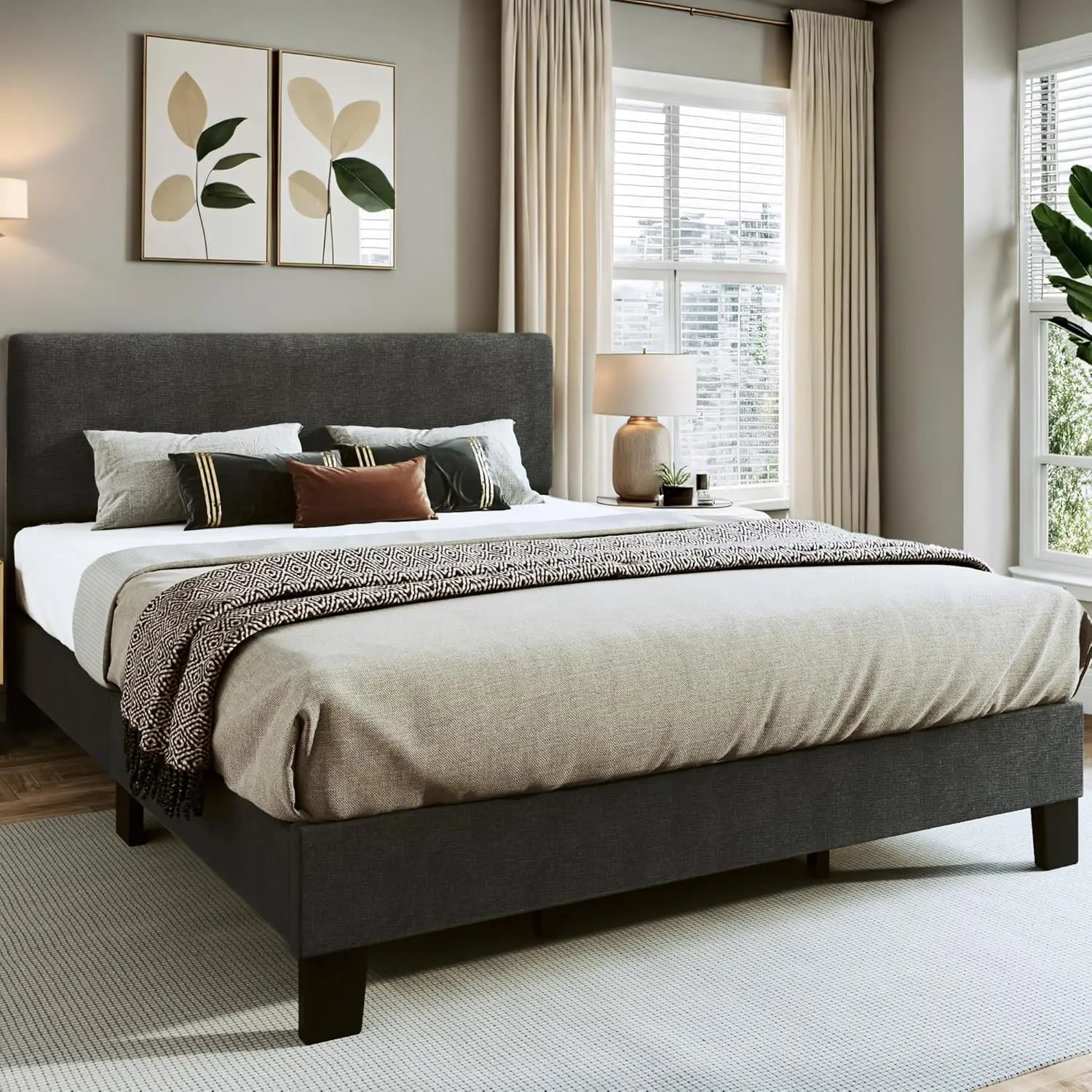 Extra Groot Bedframe Met Verstelbaar Hoofdeinde, Zacht Kussen, Bedframe Platform, Houten Steun/Eenvoudig Te Monteren, Grijs