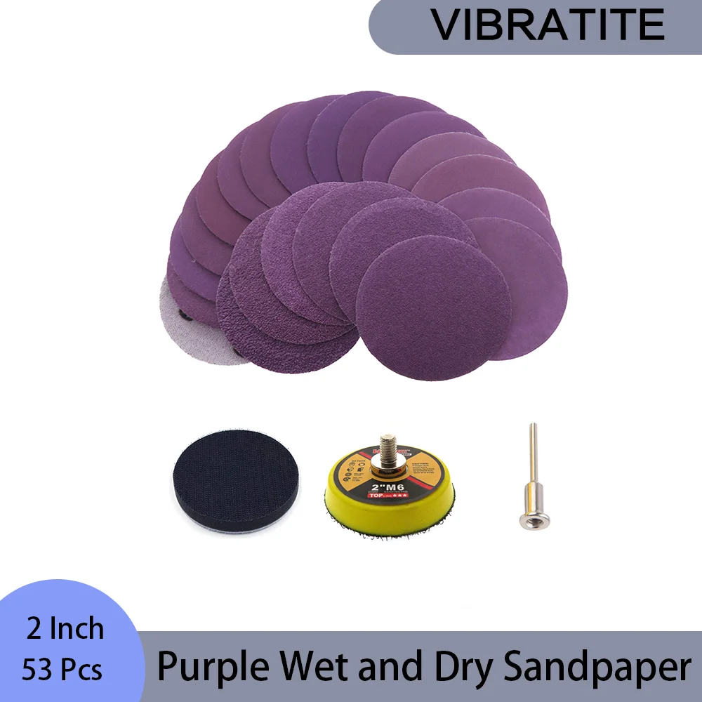 2 Inch Purple Wet and Dry Sandpaper 53 Pcs  Assorted 800/1200/2000/3000/5000 Grit with Sanding Pad for Polishing Metal Wood