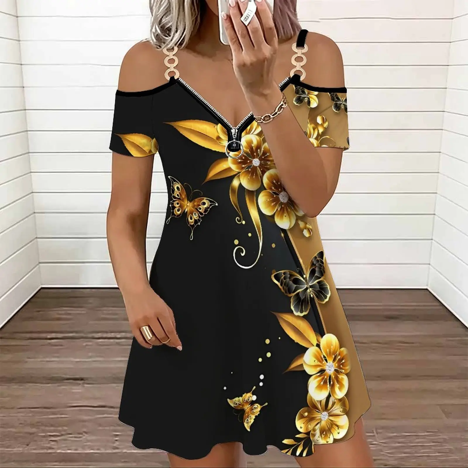 Summer Sexy Dress  Women's Commuting  Slim Skirt Ladies Round-neck Print Cold‑shoulder Double Strap V‑neck Zipper Dress