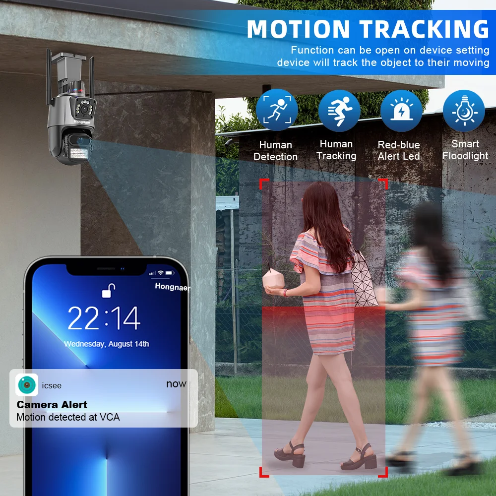 كاميرا Hongnaer ICSee 8MP 4K ذات عدسة مزدوجة للرؤية الليلية في الهواء الطلق الذكية المقاومة للماء PTZ اللاسلكية CCTV WiFi