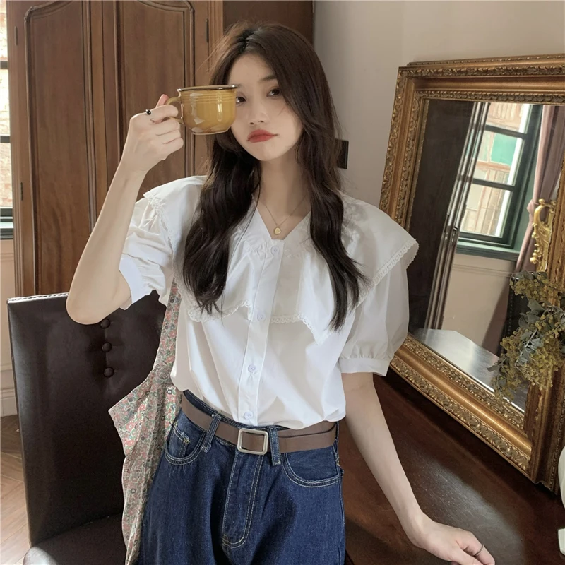

Chic Design Bubble Sleeve Shirt Elegant Doll Collar Short Sleeve Women's Summer White Top Korean Style Commute Pure Color Loo...
