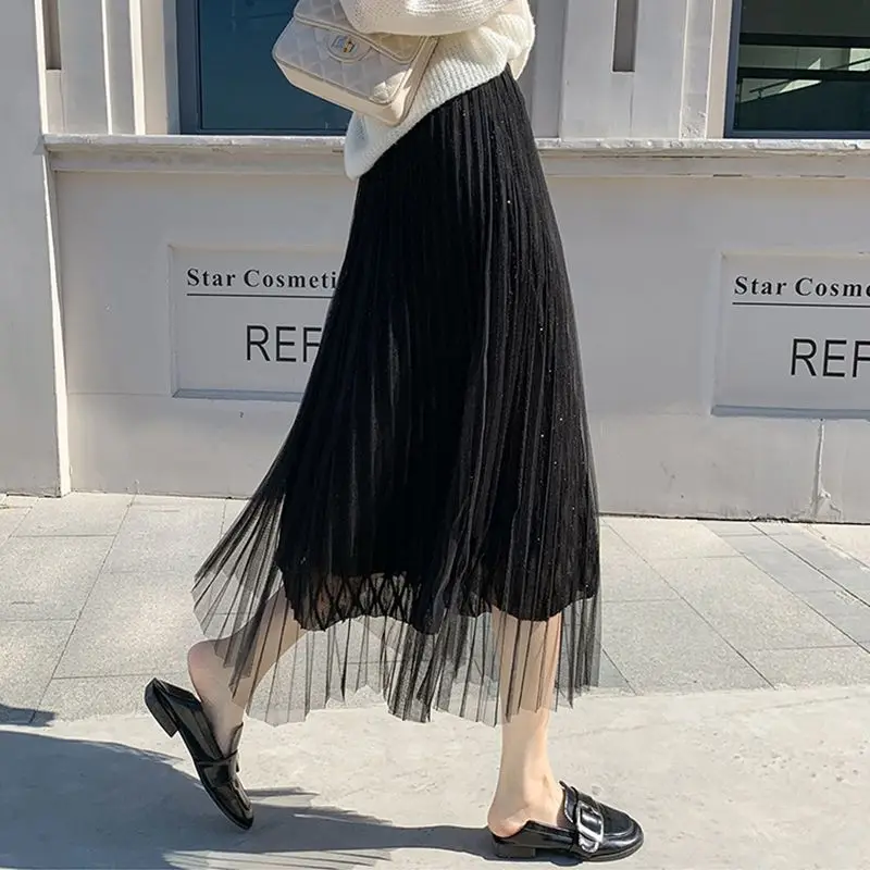 French Fashion Solid Color Two Layers Ling Grid Pleated Skirt Women Classic  Slim Temperament Elegant Casual Lady Skirt