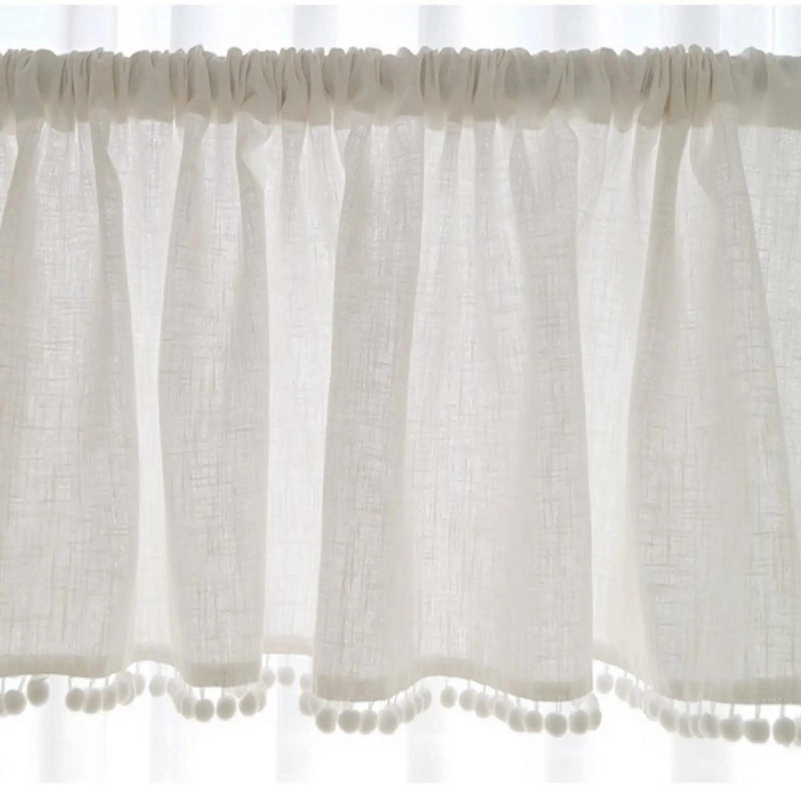 Short Curtain for Small Window Solid White Sheer Cotton Linen with Pompom Tassel Window Treatment Valance Window Panel