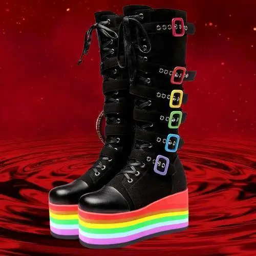 GIGIFOX Brand Big Size 43 Fashion Gothic Rianbow Platform Buckles Zipper Colorful Great Quality Motorcycle Boots Woman Shoes