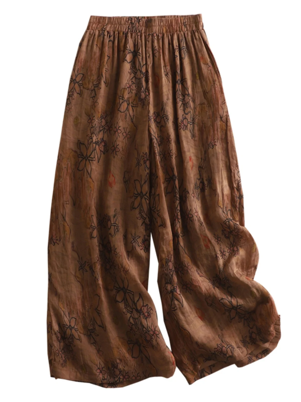 Retro uitlopende broek Casual linnen print Hoge taille Afslankende wijde pijpen broek voor grote maten Dames Zomer Negen punten Rechte snit