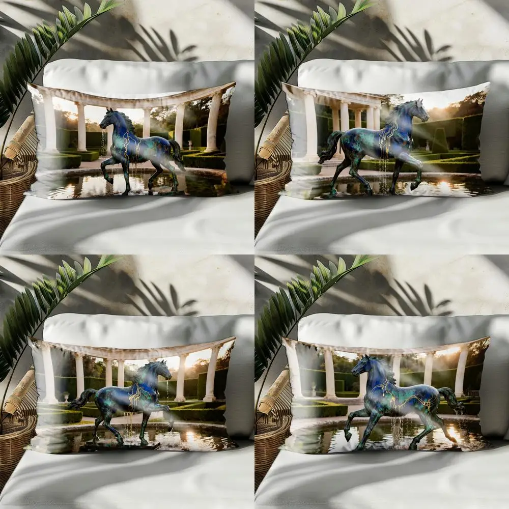 2D Elegant Horse In Garden Pillowcase Suitable For Sofa Bedroom Car Pillow Cover Cushion Rectangular Back Cushion