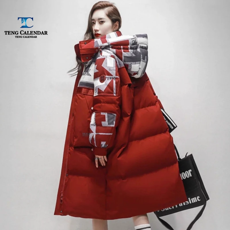 Farbblockierte Winter-Daunenjacke, mittlere bis lange, knielange, lockere und dicke Schlankheitsjacke, neues Modell für Damen 2025,